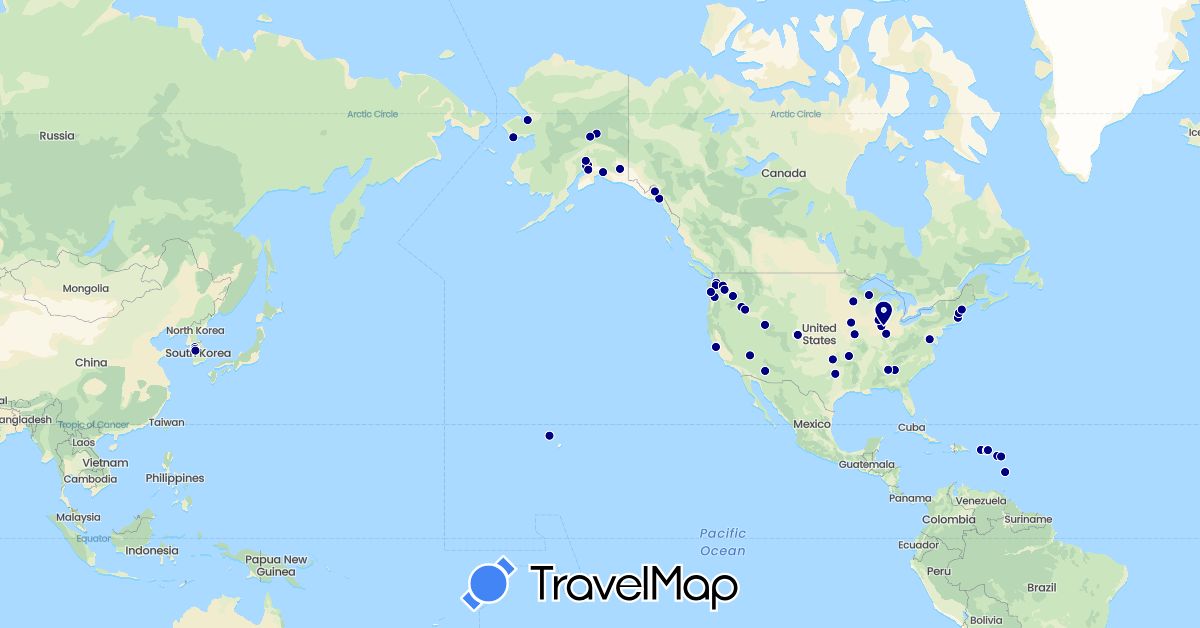 TravelMap itinerary: driving in Antigua and Barbuda, Saint Kitts and Nevis, South Korea, Saint Lucia, United States, British Virgin Islands (Asia, North America)