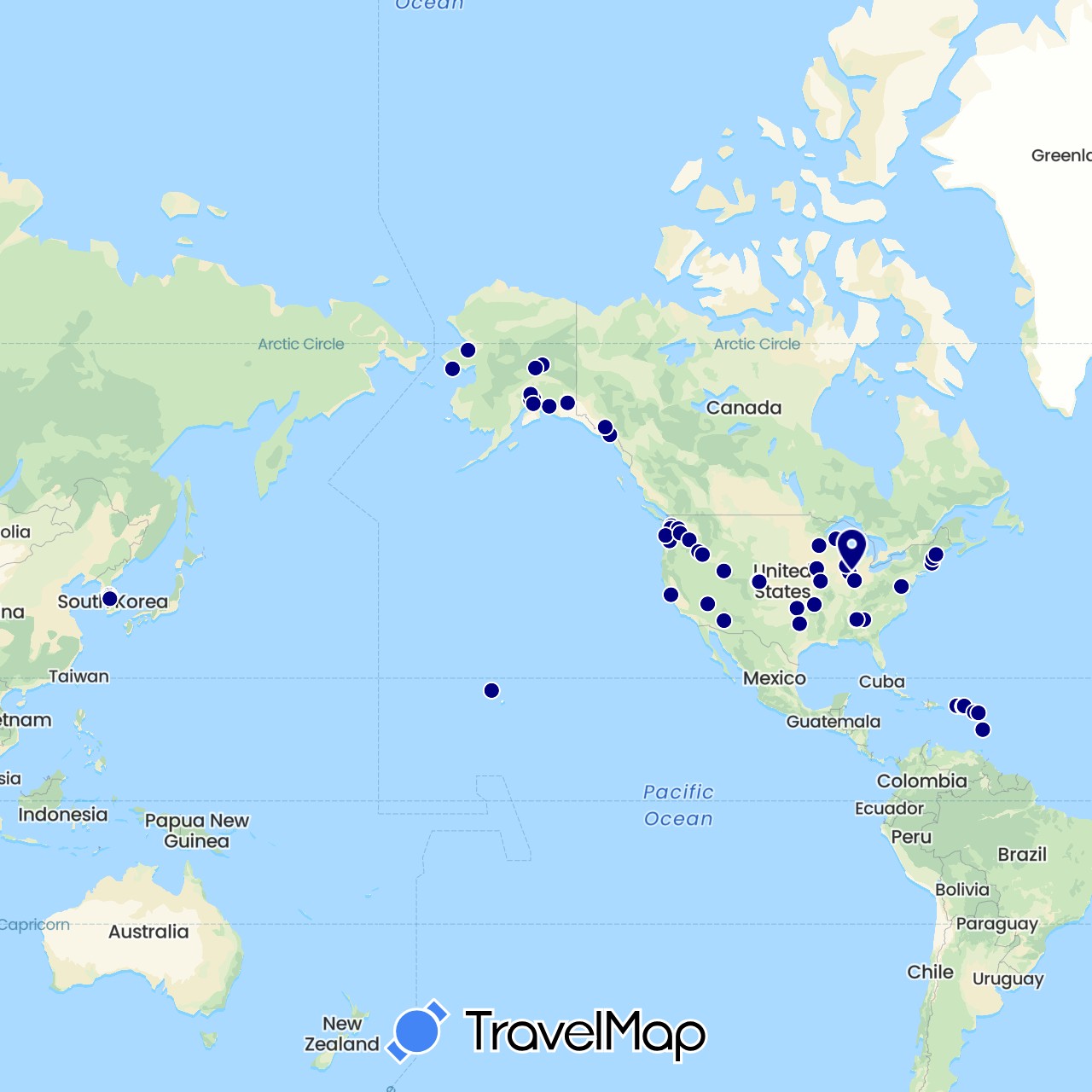 TravelMap itinerary: driving in Antigua and Barbuda, Saint Kitts and Nevis, South Korea, Saint Lucia, United States, British Virgin Islands (Asia, North America)